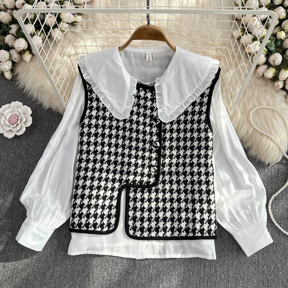 Houndstooth Korean style waistcoat autumn shirt 2pcs set