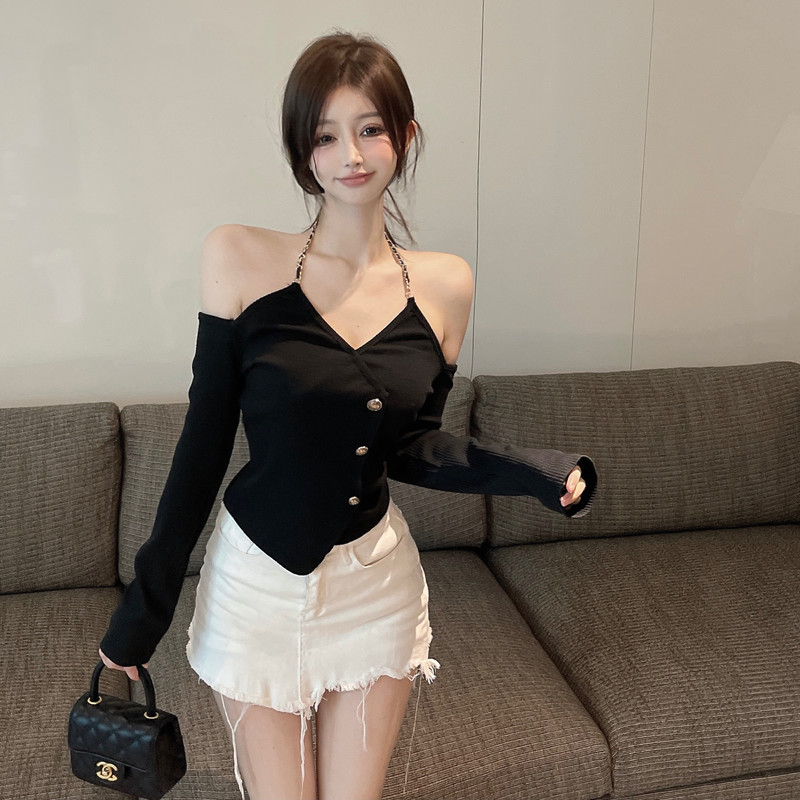 Unique slim sexy knitted halter flat shoulder tops