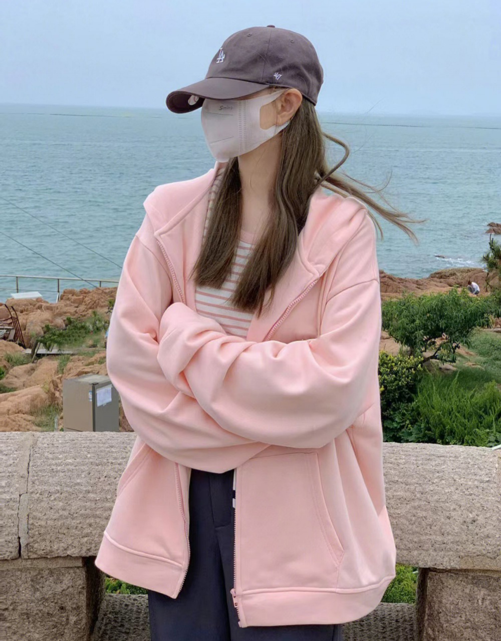 Hooded spring and autumn hoodie pink coat for women