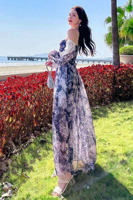 Printing vacation lady purple wrapped chest long dress