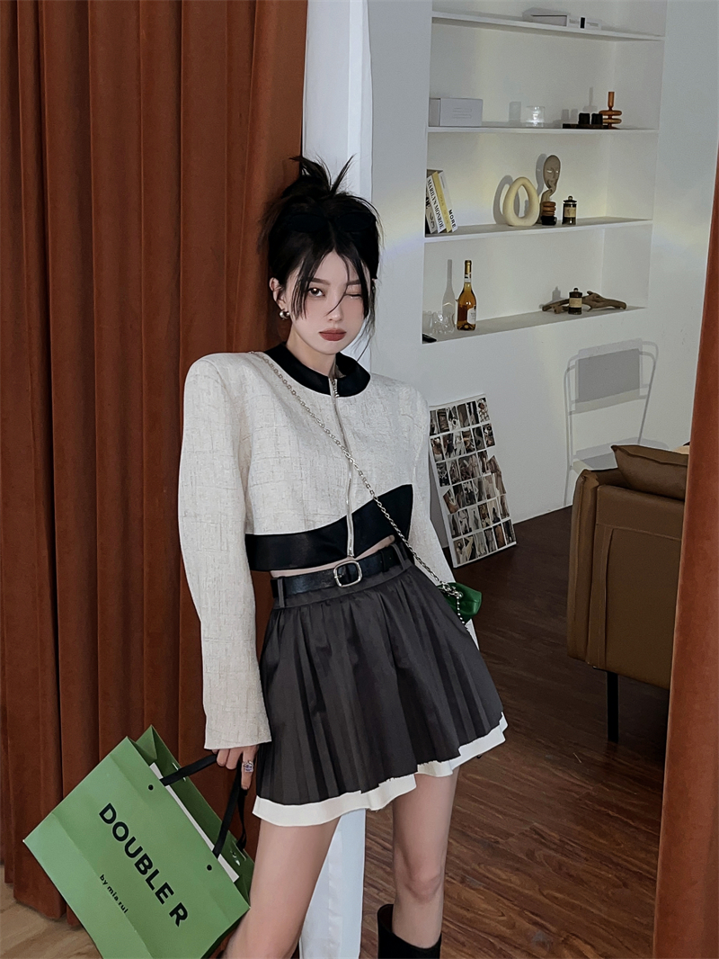 Pleated splice slim skirt short all-match coat 2pcs set