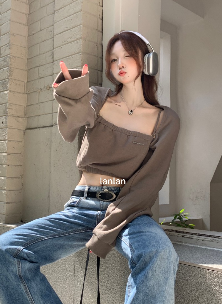 Personality long sleeve Pseudo-two tops autumn short hoodie