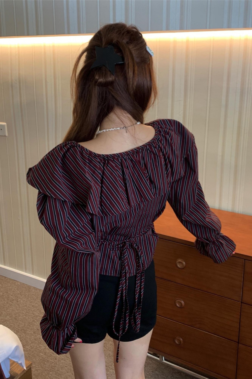 Stripe frenum trumpet sleeves pinched waist shirt for women