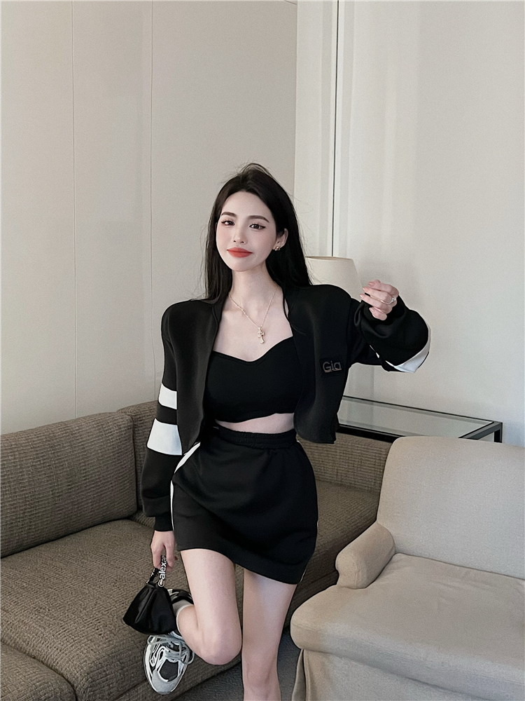Korean style splice coat stripe short skirt 2pcs set