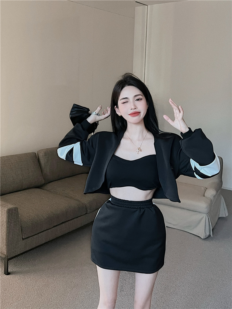 Korean style splice coat stripe short skirt 2pcs set