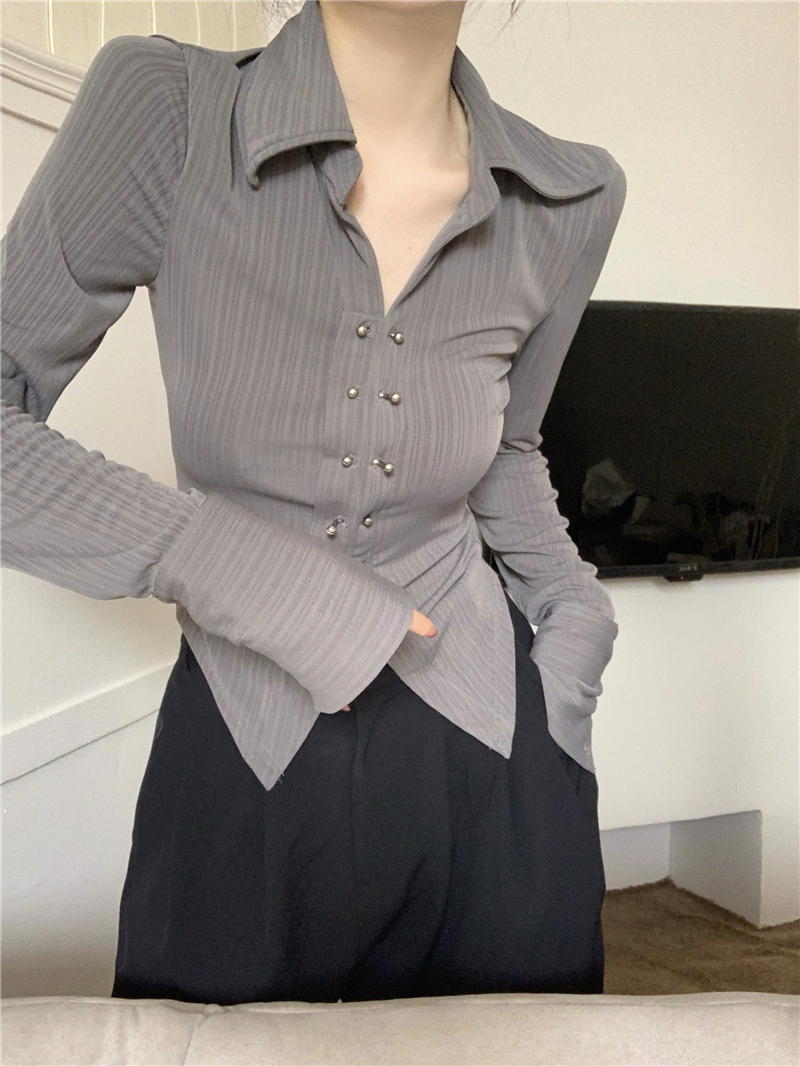 Gray slim tops autumn long sleeve T-shirt for women