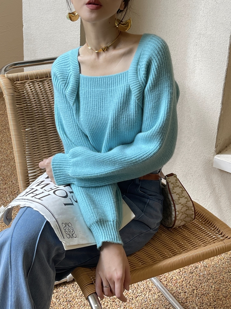 Slim short tops puff sleeve sweater for women