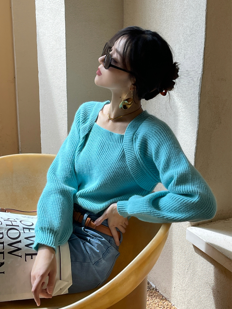 Slim short tops puff sleeve sweater for women