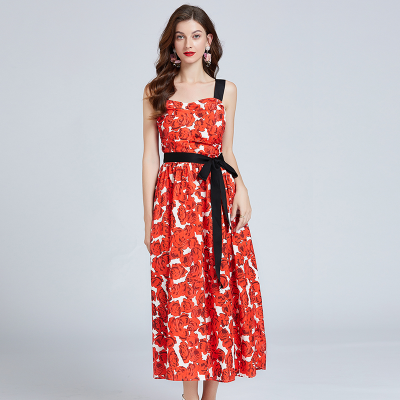 Stereoscopic pinched waist bow rose temperament dress
