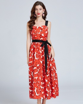 Stereoscopic pinched waist bow rose temperament dress