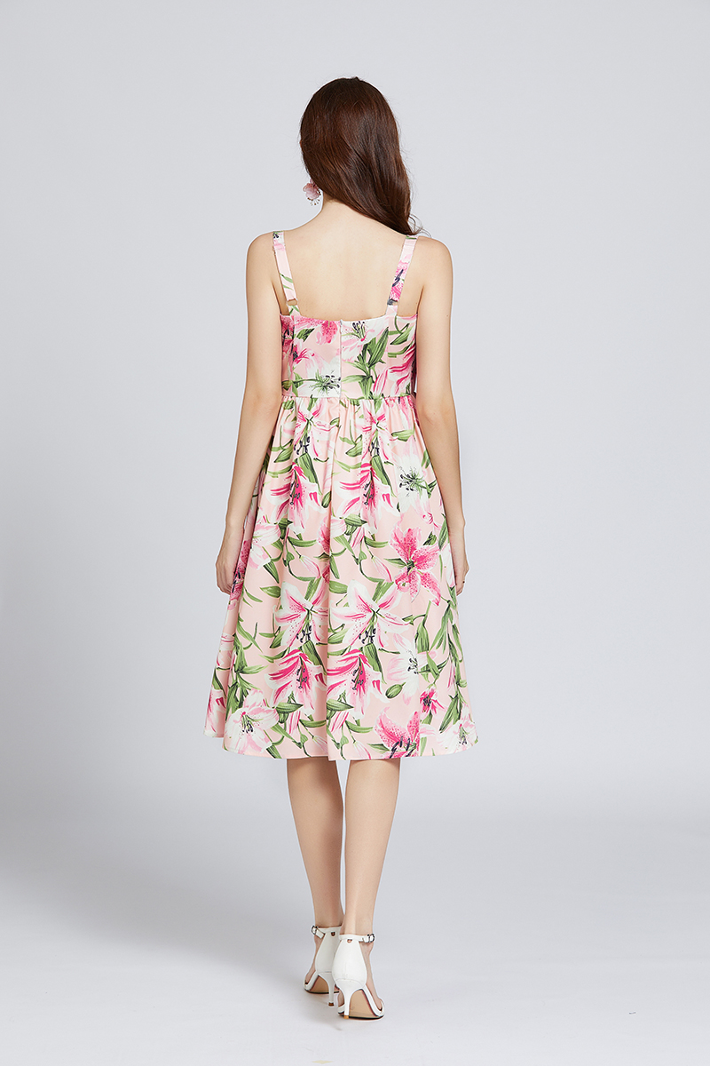 High waist sling printing lily big skirt slim dress