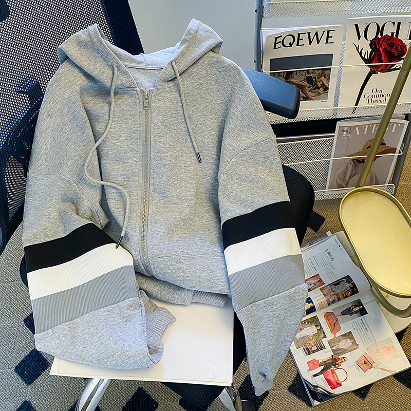 Hooded zip Casual hoodie gray mixed colors tops for women
