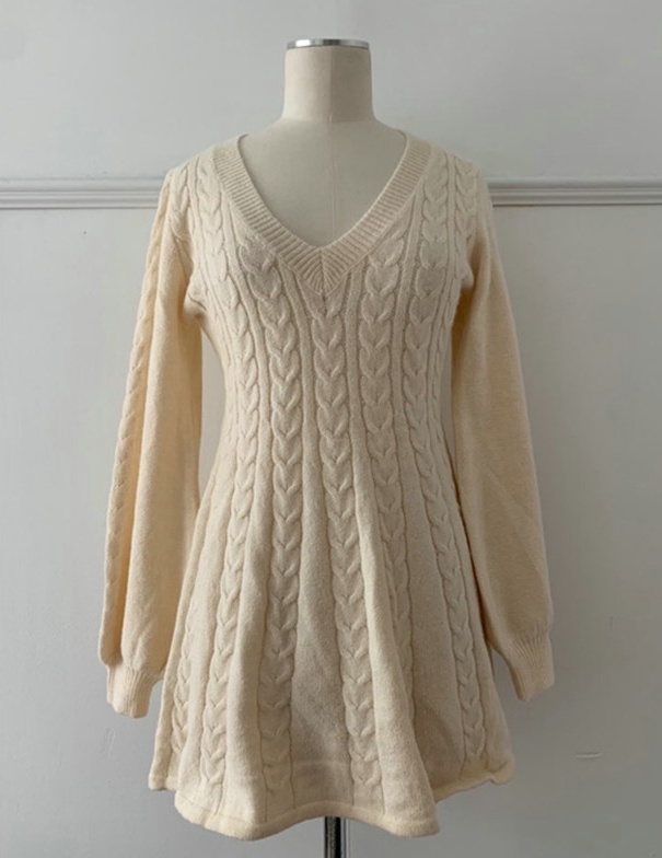 Twist pattern sweater lantern sleeve dress for women