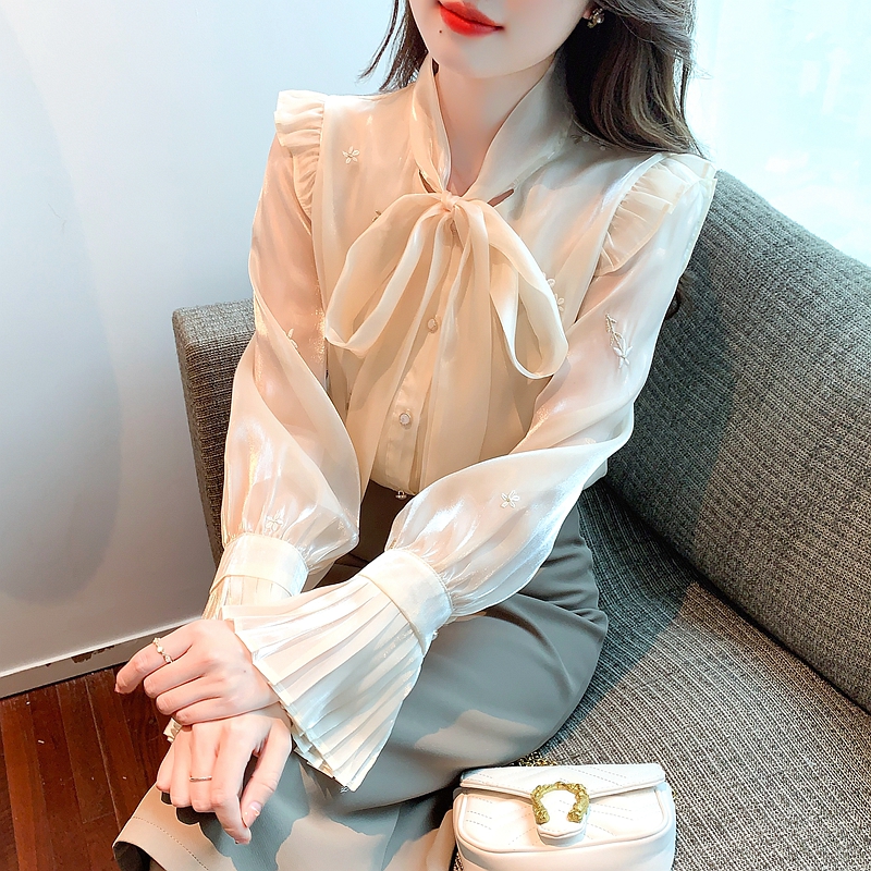 Bow embroidery unique tops autumn organza shirt
