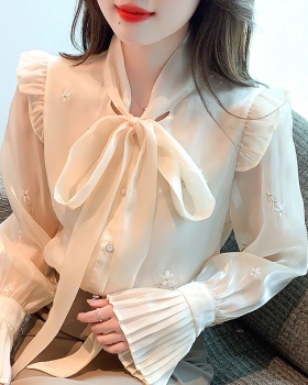 Bow embroidery unique tops autumn organza shirt