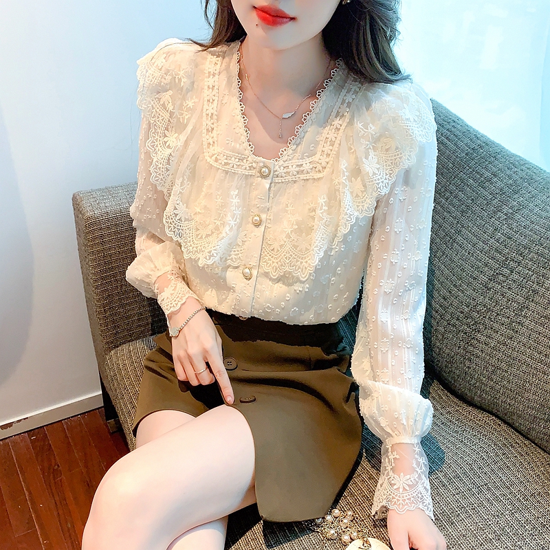 Sweet beautiful autumn shirt long sleeve lace tops for women