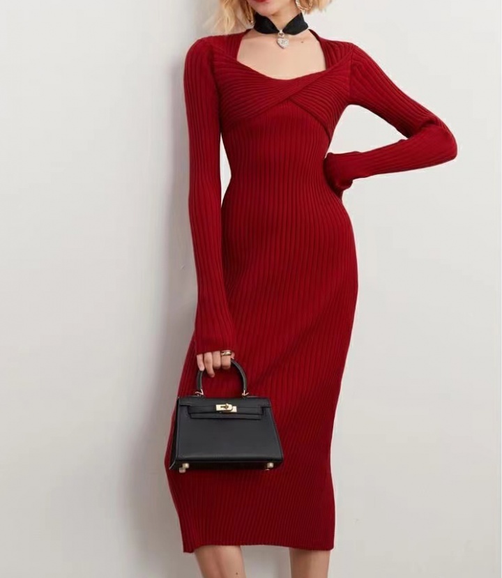 Retro package hip France style knitted elasticity dress