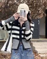 Hooded autumn loose cardigan zip knitted stripe coat