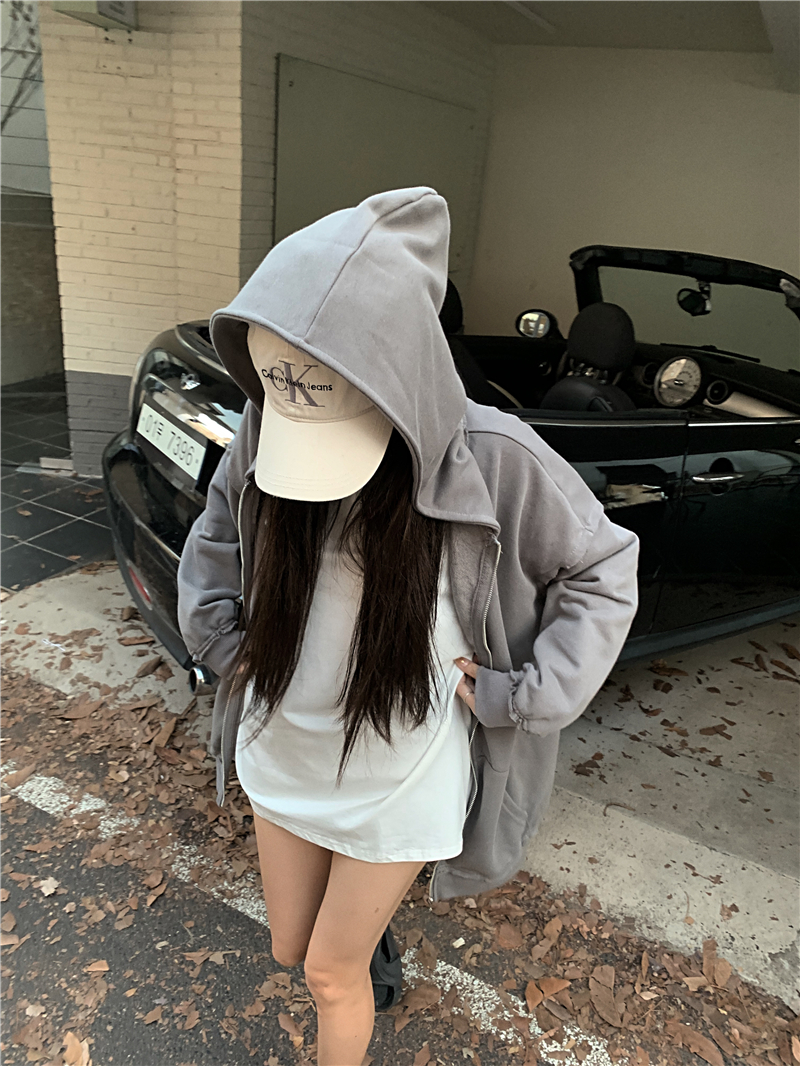 Casual gray tops hooded bottoming shirt for women