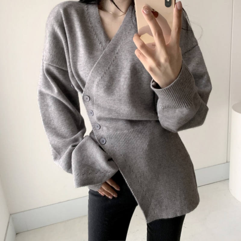 Long V-neck cardigan side buckle sweater for women