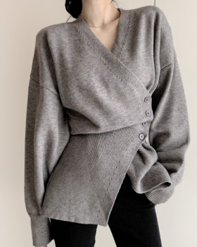 Long V-neck cardigan side buckle sweater for women
