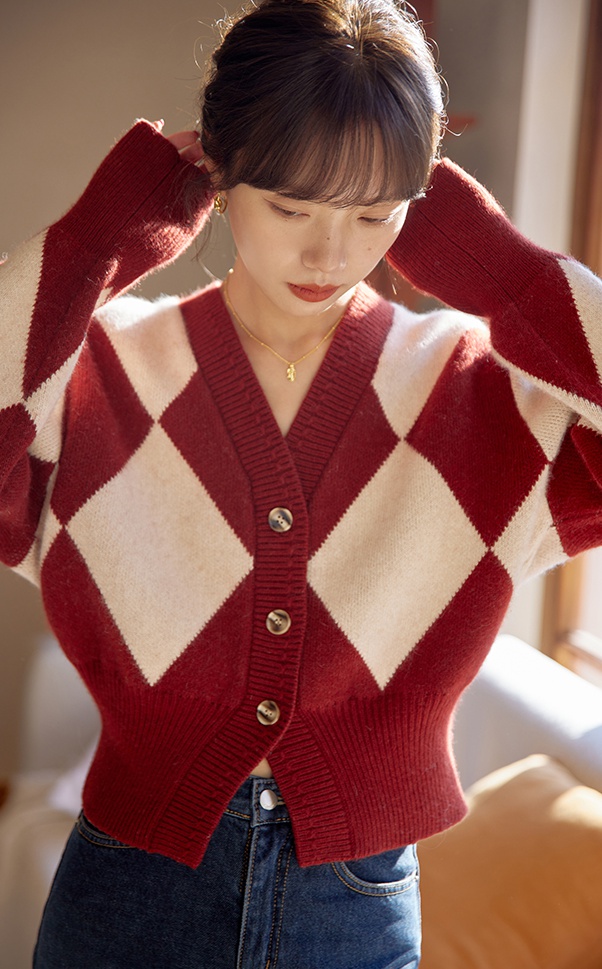 France style retro cardigan red knitted coat for women