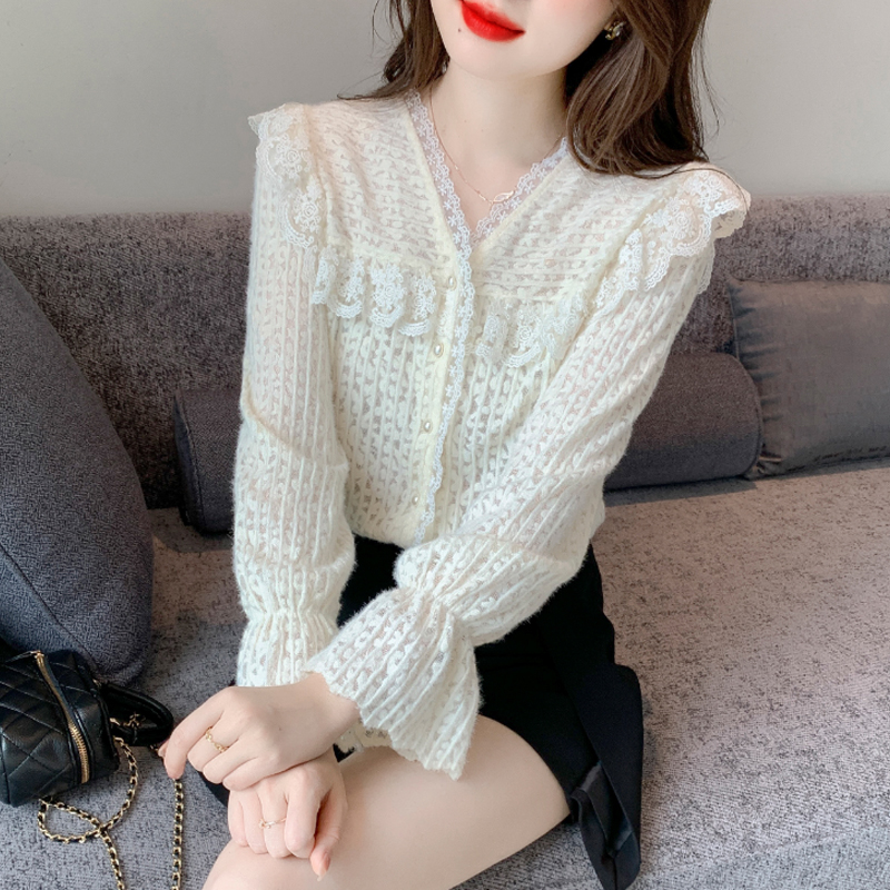 V-neck lace tops long sleeve shirt for women