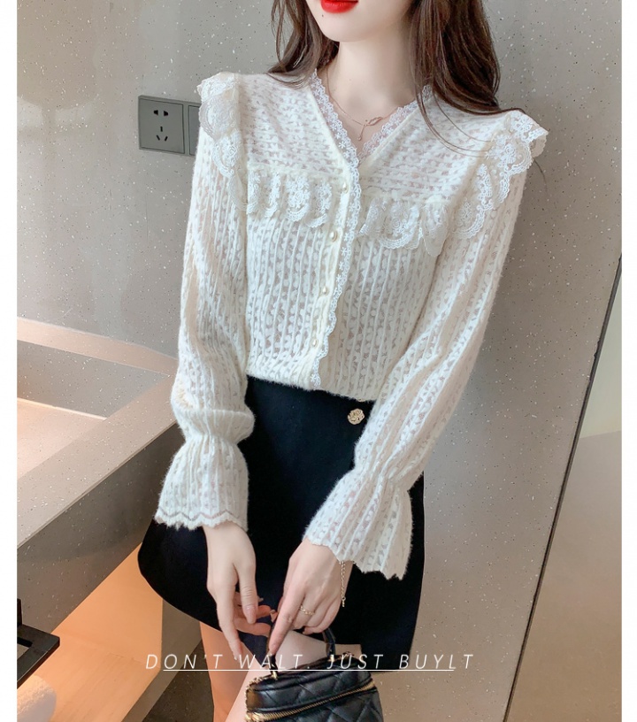V-neck lace tops long sleeve shirt for women