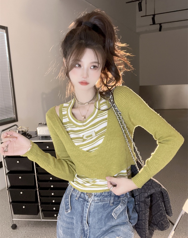 Autumn stripe France style Pseudo-two sweater for women