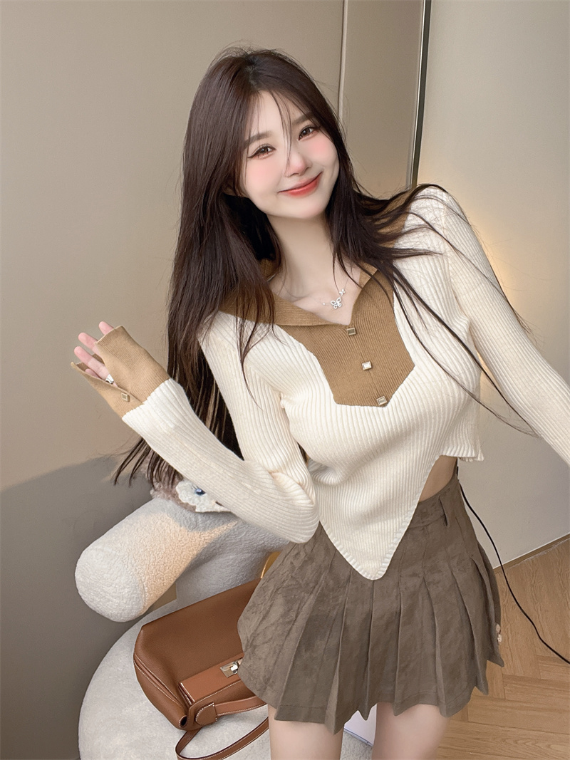 Long sleeve mixed colors sweater short tops