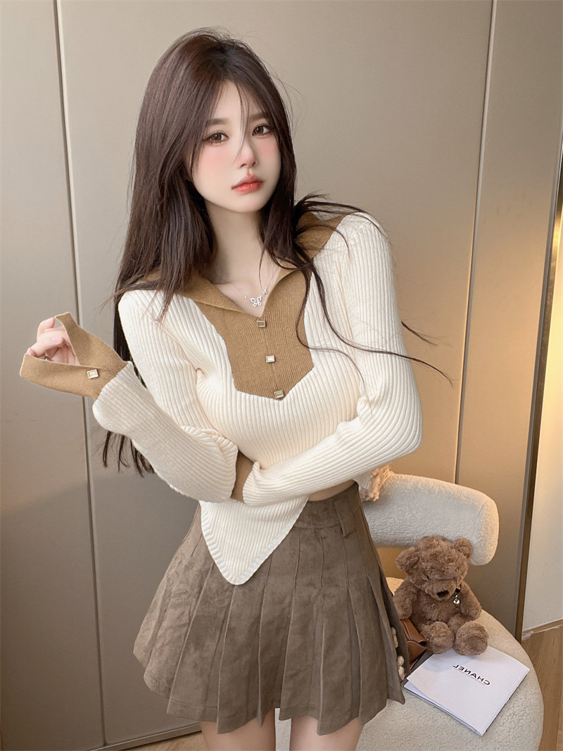 Long sleeve mixed colors sweater short tops