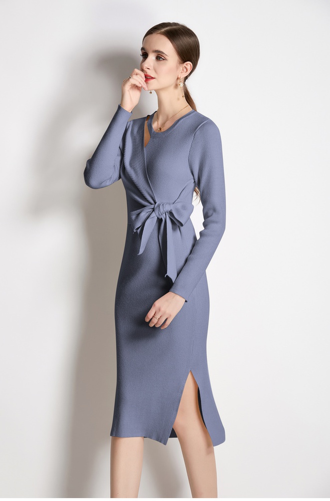 Autumn bottoming pinched waist knitted dress for women