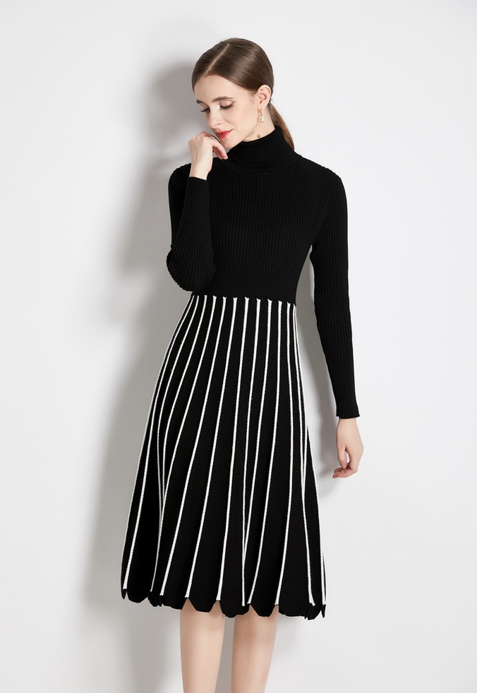 Long ladies France style knitted high collar bottoming dress