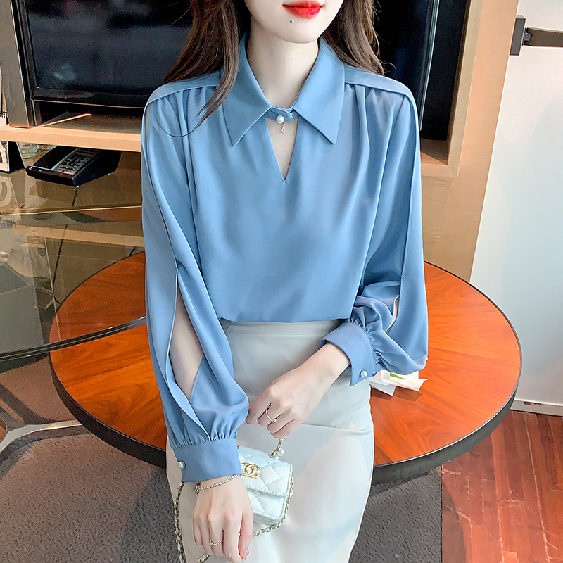 Lapel autumn pullover shirt hollow simple tops for women
