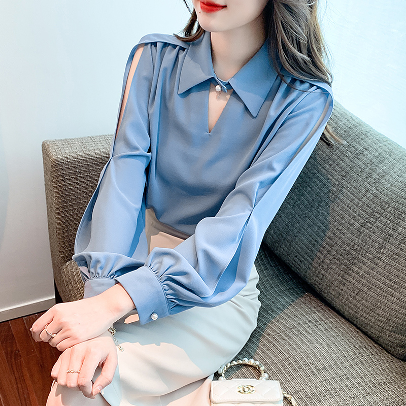 Lapel autumn pullover shirt hollow simple tops for women