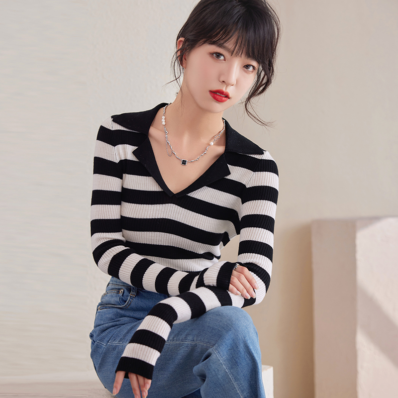 Stripe autumn V-neck tops France style slim sweater