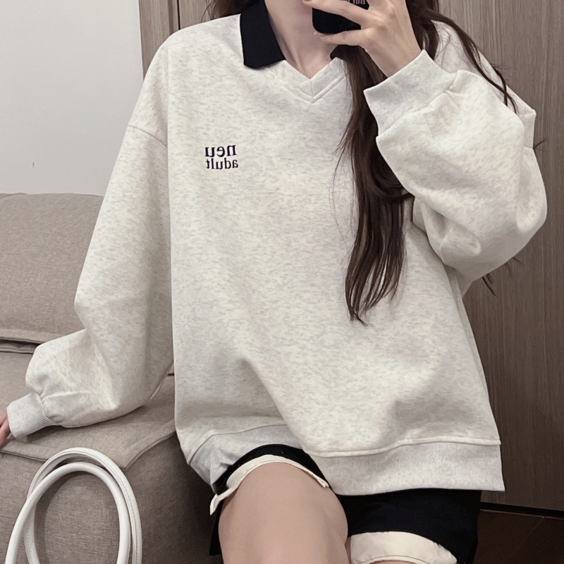 V-neck printing tops pullover loose hoodie for women