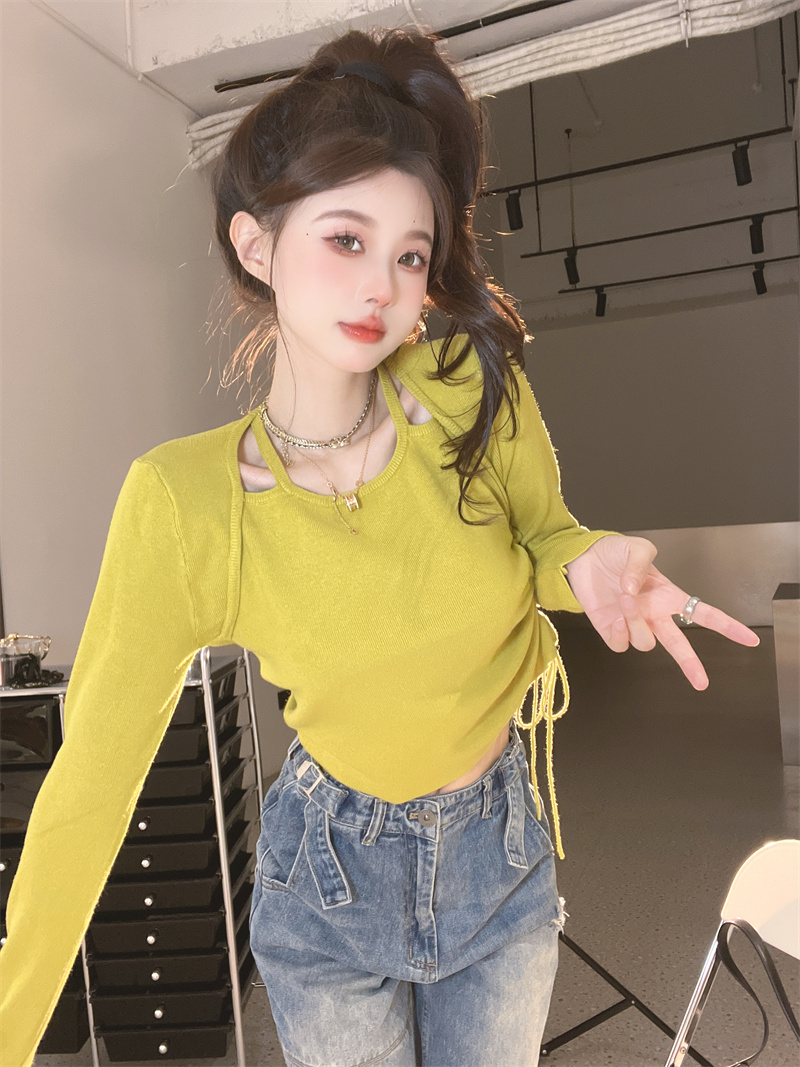 Drawstring Korean style clavicle Western style sweater