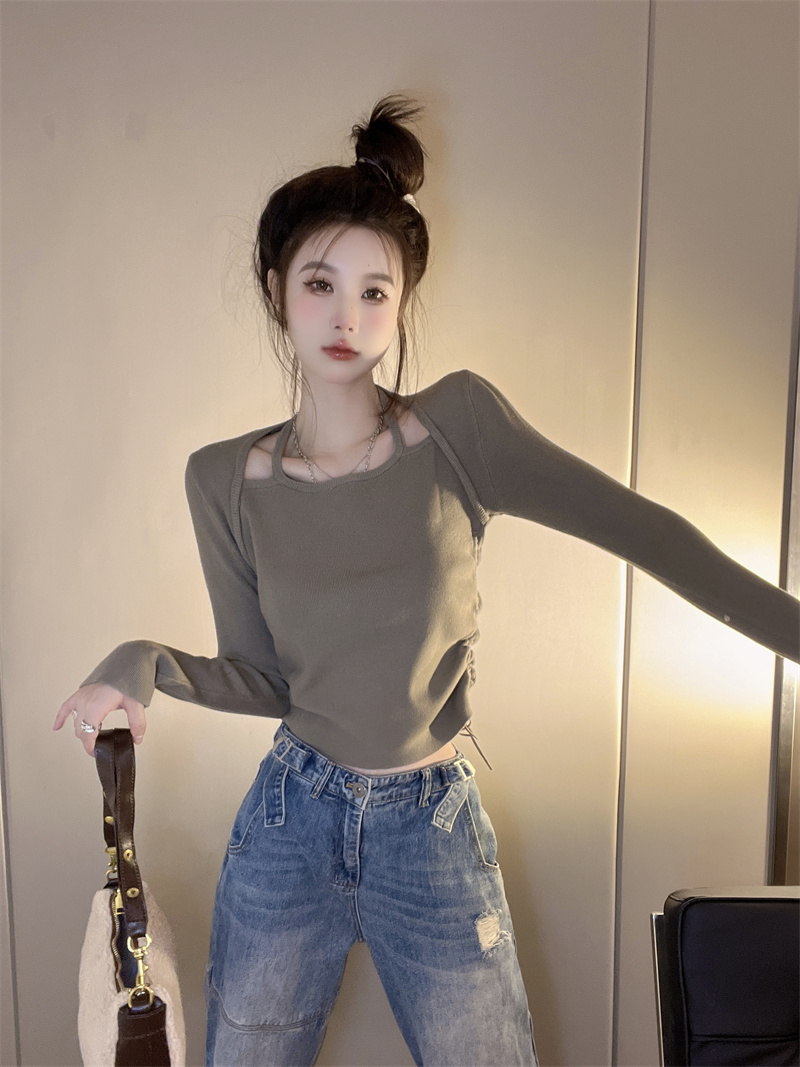 Drawstring Korean style clavicle Western style sweater