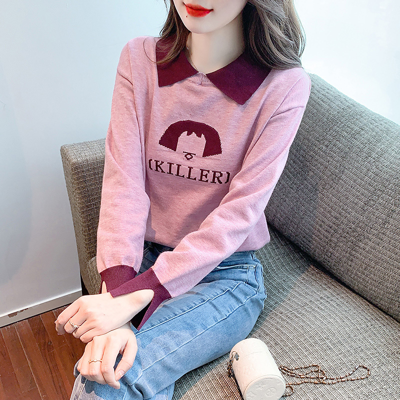 Doll collar letters long sleeve Western style slim sweater