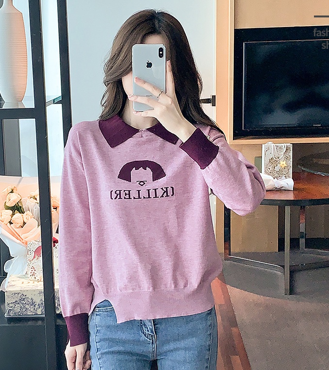 Doll collar letters long sleeve Western style slim sweater
