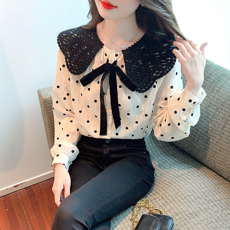 Polka dot long sleeve retro tops France style bow shirt for women