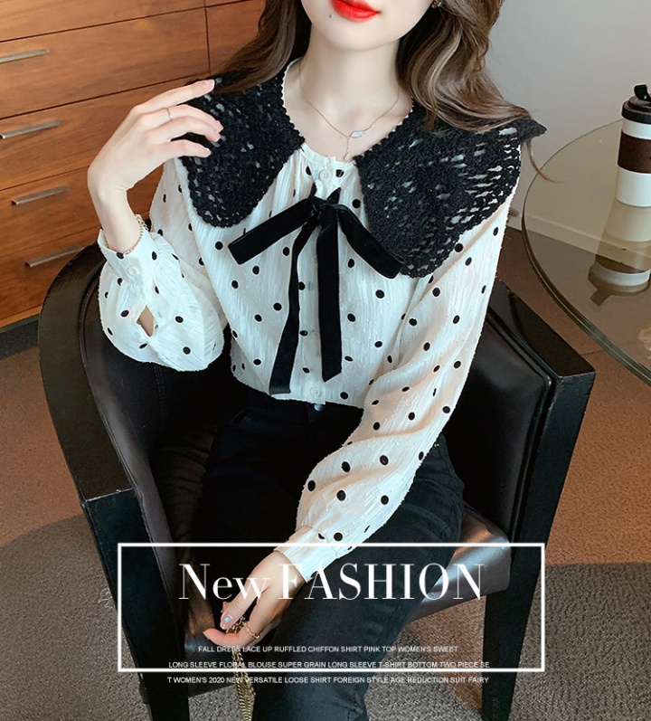 Polka dot long sleeve retro tops France style bow shirt for women