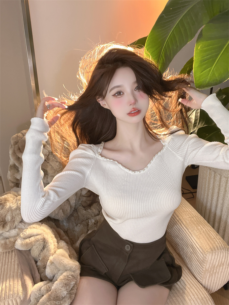 Retro pearl tops slim autumn sweater for women