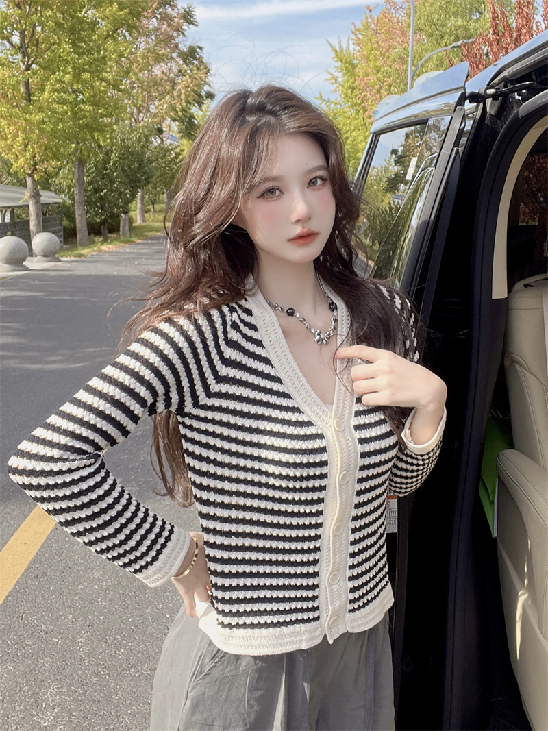 Stripe mixed colors jacket autumn cardigan for women