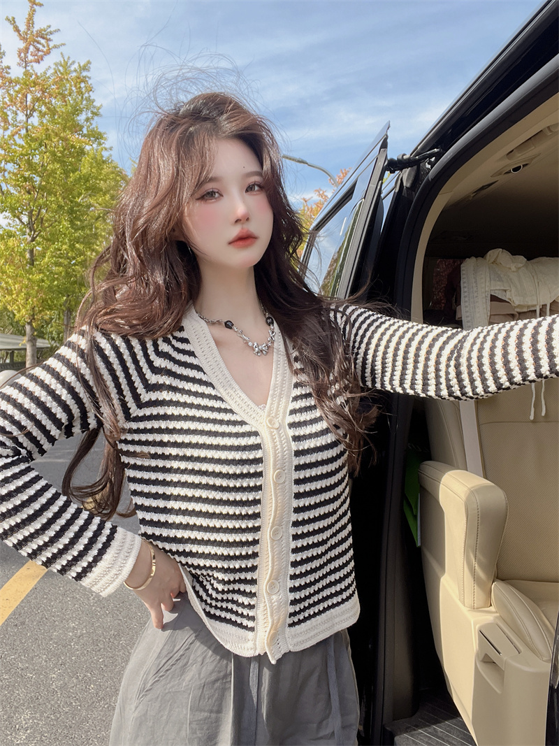 Stripe mixed colors jacket autumn cardigan for women