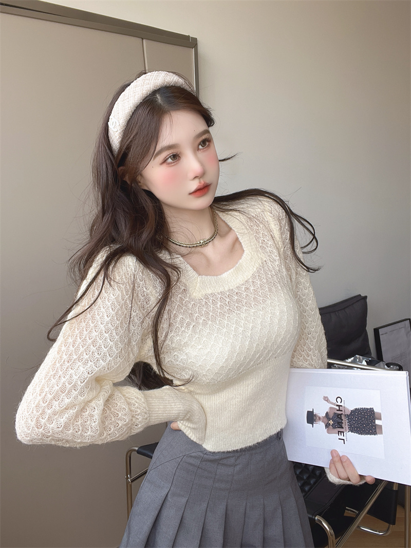 Thin pinched waist square collar tops mohair slim sweater