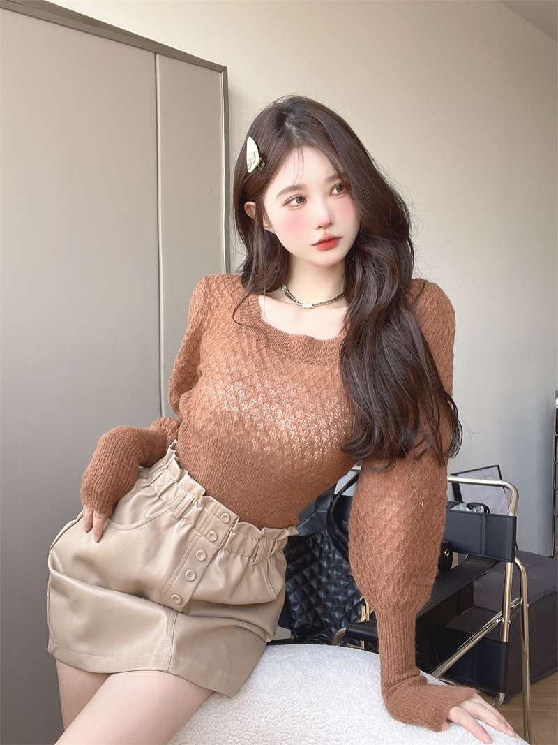 Thin pinched waist square collar tops mohair slim sweater