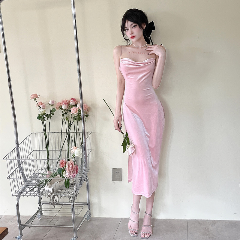 Sling sleeveless velvet long dress high waist sexy pink dress