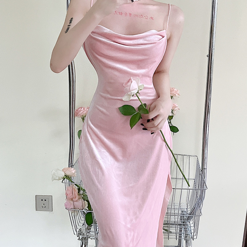 Sling sleeveless velvet long dress high waist sexy pink dress